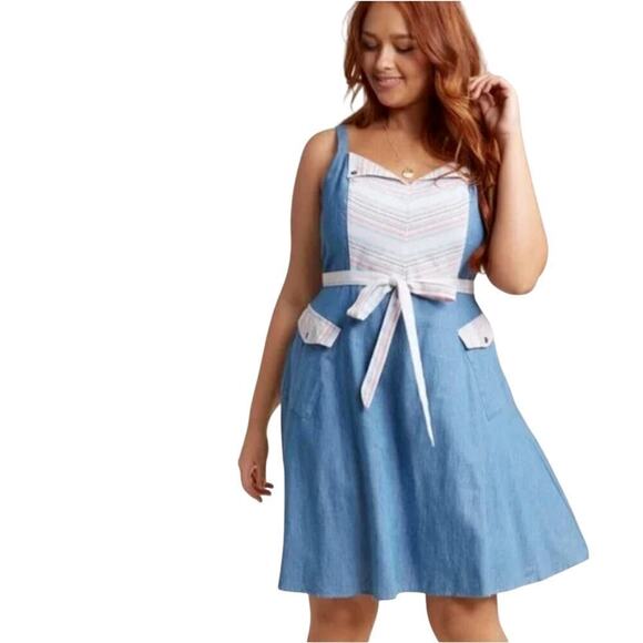 Modcloth Happiness and Cheers A Line Chambray Dress Size XL Retro Sleeveless - Picture 1 of 8